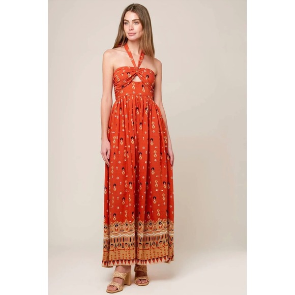 Flying Tomato Dresses & Skirts - Anthro Flying Tomato Sidewalk Cafe Terracotta Woven Maxi Dress Halter Cutout S